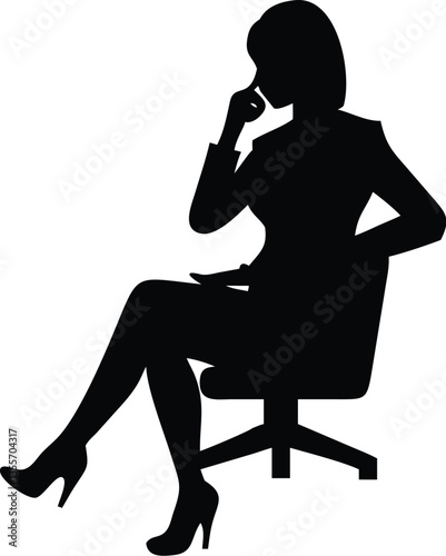 A business woman get direction with hand sitting on stand chair vector silhouette