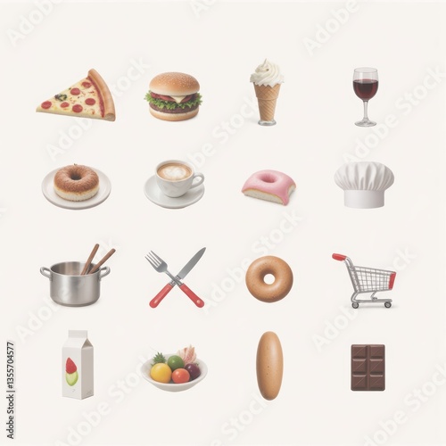 Food and Cooking Icons Set: Pizza, Burger, Donut, Wine, Chef Hat, Shopping Cart, and More Illustrations