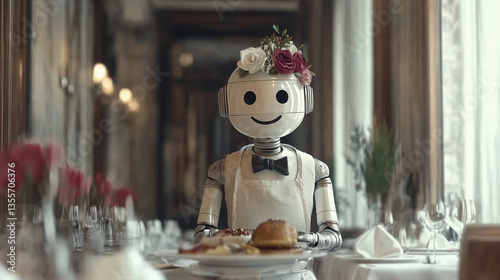 Robot Waiter Serving Food in Elegant Restaurant Setting