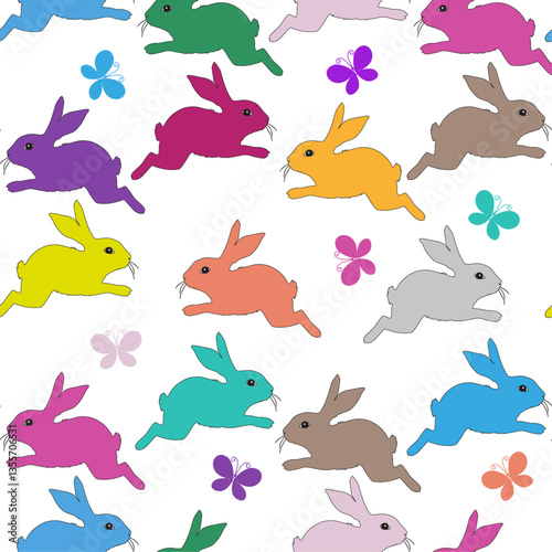 Vector seamless pattern with hand drawn colorful Easter bunnies and butterflies on transparent background. For textile, wallpaper and packaging