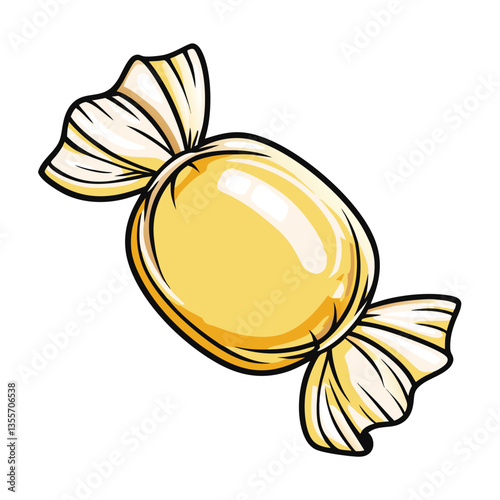 A single, glistening butterscotch candy, wrapped in translucent golden foil, sits on a clean white background.  Focus on the candy's texture and the foil's sheen.