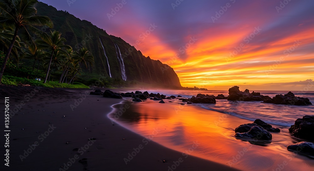 Fototapeta premium Dramatic Sunset on Black Sand Beach with Waterfall and Vivid Colors
