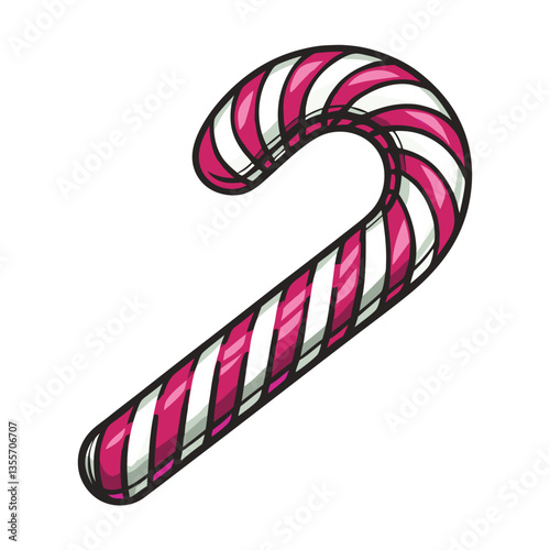Highly detailed image of a curved candy cane with meticulously rendered red and white stripes, showcasing its smooth texture and festive form.