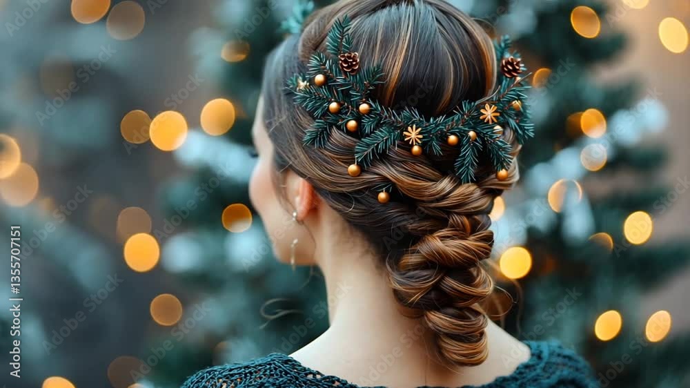 Woman's Christmas hairstyle, bokeh background, elegant, festive