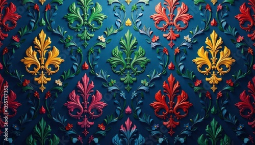 Symmetrical damask design, repeating palmette motif, subtle shading, textile, fabric