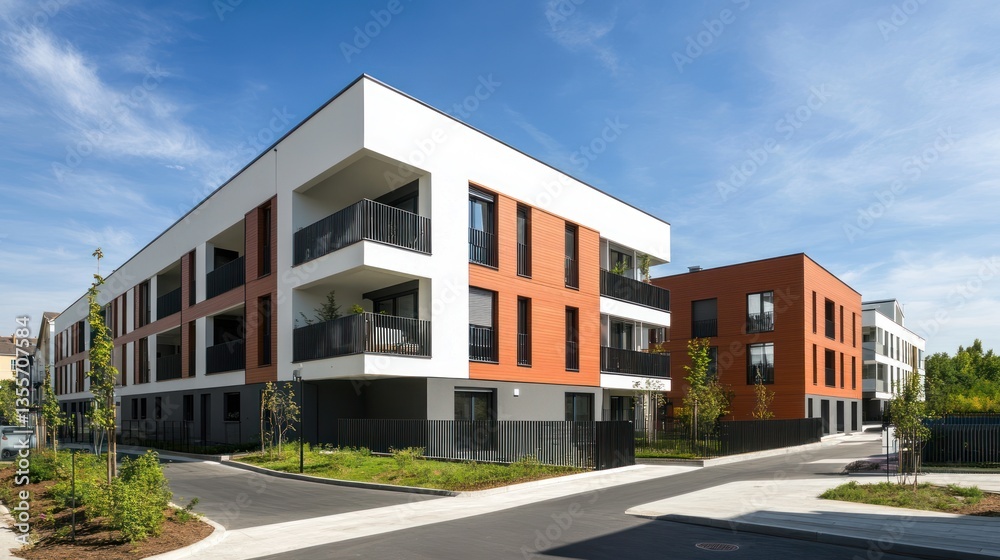 Modern apartment complex with orange and white facade, balconies, and landscaping on a sunny day. Modern apartment complex with orange and white facade, balconies, and landscaping on a sunny day.