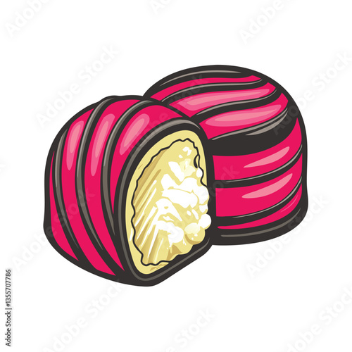 Close-up shot of a partially eaten chocolate-covered marshmallow, revealing a soft, fluffy interior; focus on texture and contrasting colors.