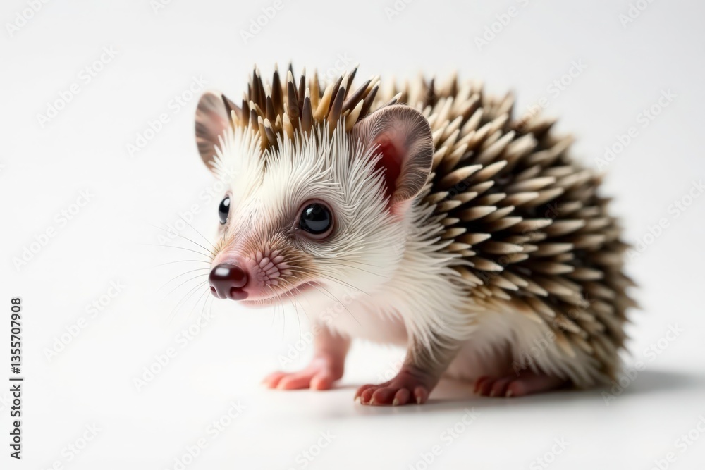Tiny hedgehog posed on white background, curled slightly , pet, closeup Tiny hedgehog posed on white background, curled slightly , pet, closeup