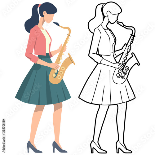 Woman Play Saxophone Illustration.