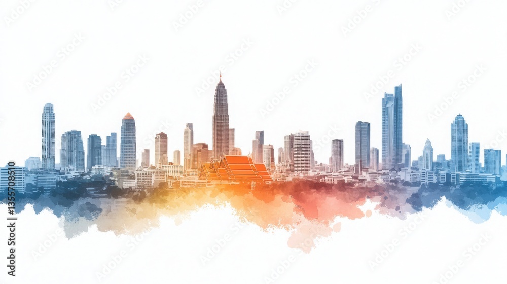 Fototapeta premium Urban Skyline Watercolor Painting with Bright Color Contrast and City Elements