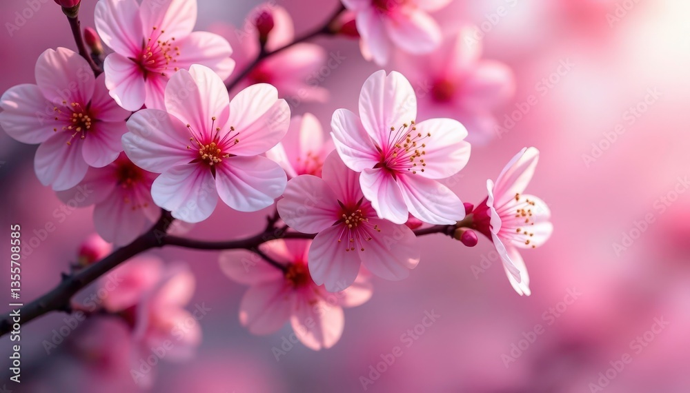 Vibrant sakura cascade, full bloom, overlapping petals, pink background, flower Vibrant sakura cascade, full bloom, overlapping petals, pink background, flower
