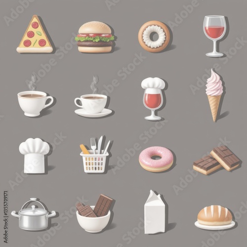 Food Icons Set: Pizza, Burger, Donut, Wine, Coffee, Ice Cream, Chef Hat, Cutlery, Chocolate, Milk & Bread. Restaurant Menu Graphics.