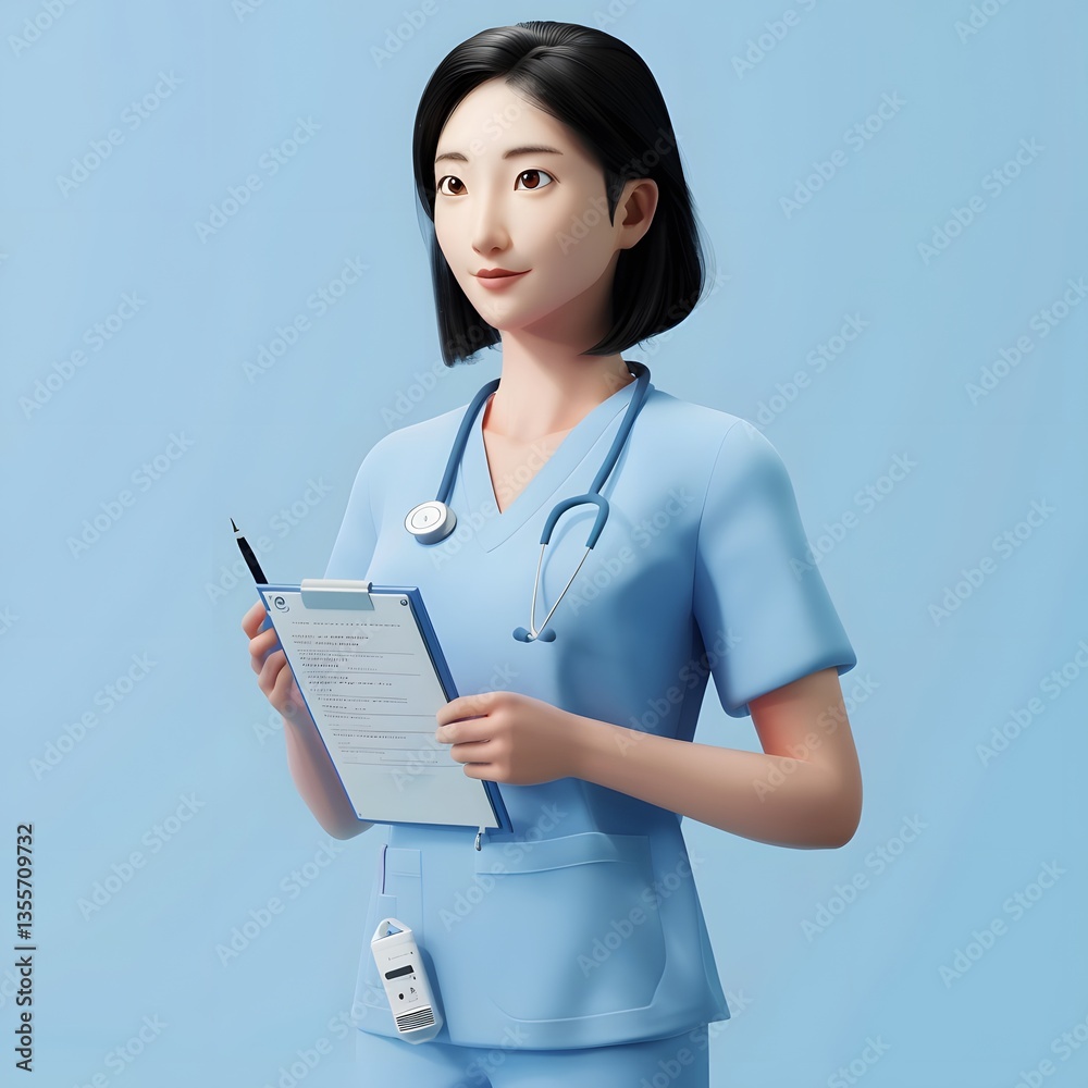 A beautiful female doctor in sky blue scrubs standing blue background A beautiful female doctor in sky blue scrubs standing blue background