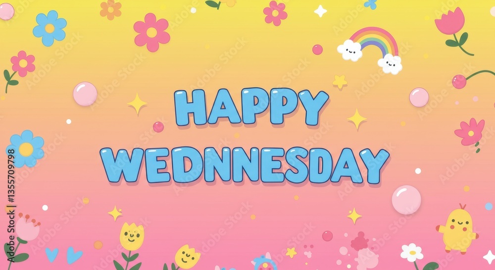 Happy Wednesday Greeting Card with Cute Cartoon Flowers Happy Wednesday Greeting Card with Cute Cartoon Flowers