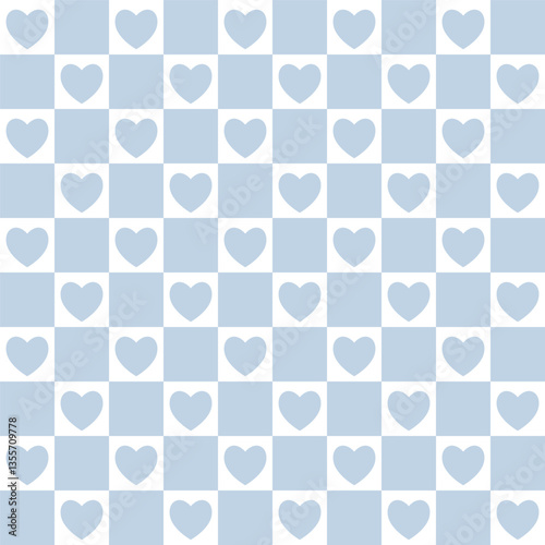 Groovy allover print with hearts and rectangles. Checkerboard seamless pattern with geometric shapes. Colorful vector background in retro style, Valentine day and love. Vintage 60s hippie aesthetic