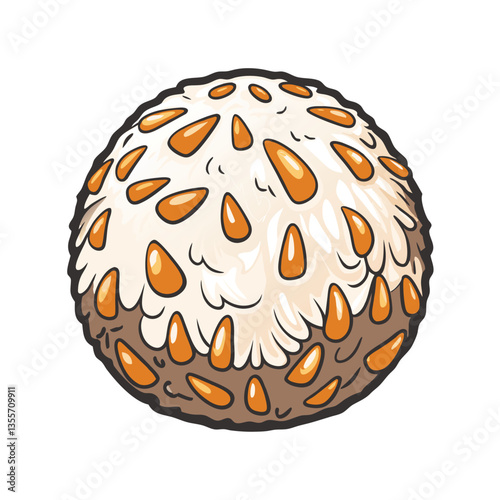 Close-up shot of a single, round candy ball entirely coated in finely shredded, white coconut.  High-resolution image showcasing texture and detail.