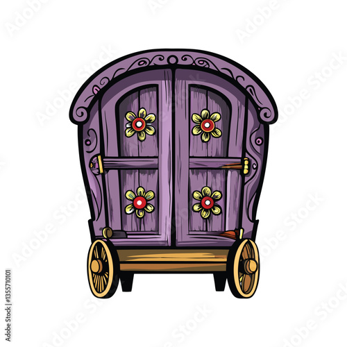 A vibrant, hand-painted gypsy wagon door, showcasing intricate floral designs in bold colors.  Focus on the detailed floral artistry and the weathered wood texture.