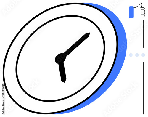 Analog clock highlighting time with adjacent thumbs-up gesture. Ideal for time management, productivity, efficiency, approval, feedback, success, motivation. Flat simple metaphor