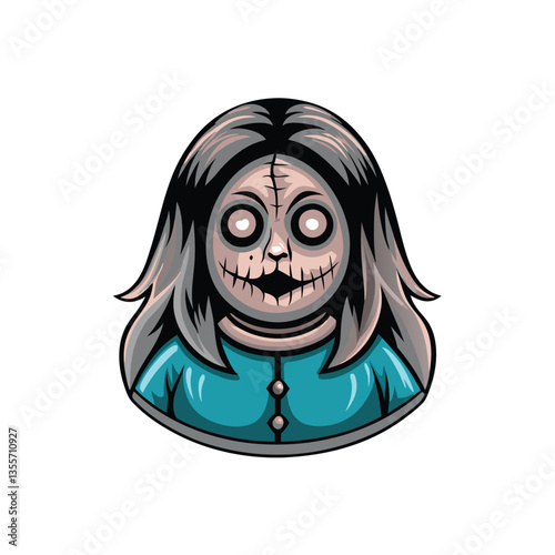 A chillingly realistic image of a cursed antique porcelain doll, its red eyes glowing ominously, detailed cracked face and tattered clothing.  (1) =  a sinister grin.
