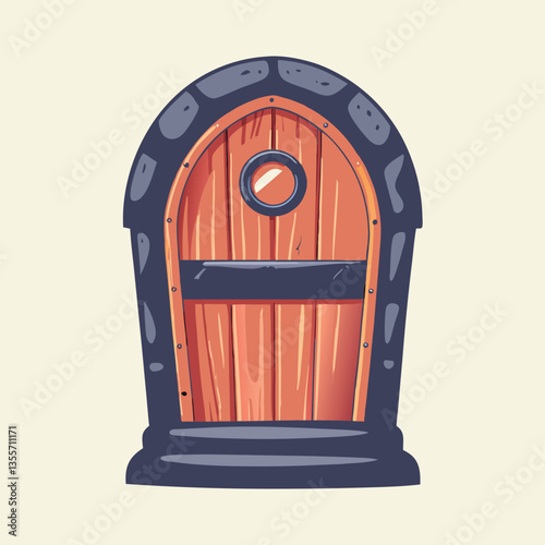 Create a whimsical illustration of a fairy tale cottage door; arched top, detailed wood carvings, a small, round window, and three uniquely shaped knocker designs.