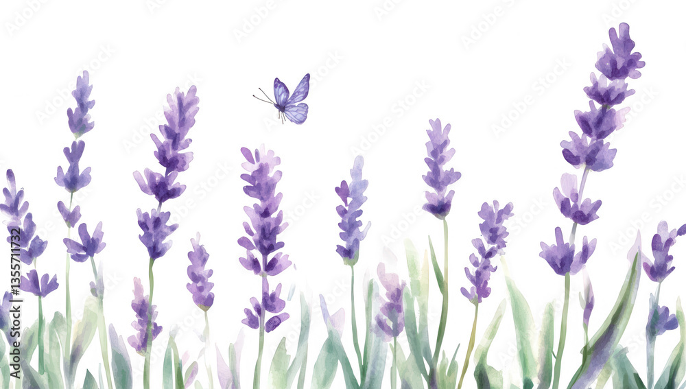 Obraz premium a serene watercolor illustration of lavender flowers with a butterfly hovering above evoking a sense of tranquility and nature's beauty