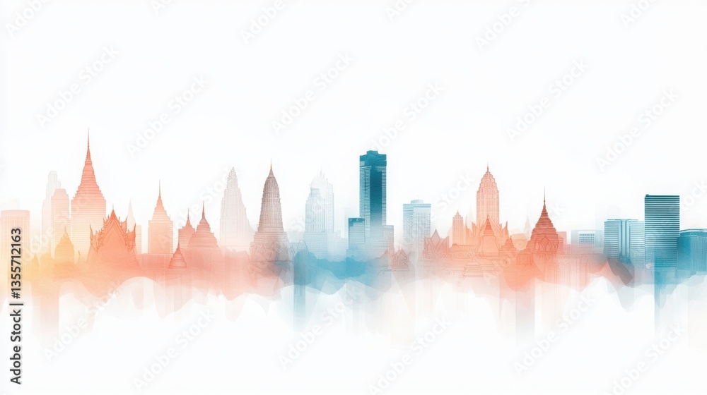 Fototapeta premium Beautiful Watercolor Painting of Bangkok Skyline in Soft Blending Colors