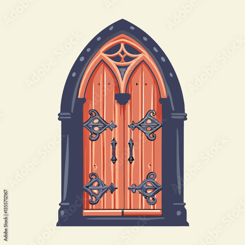 A meticulously detailed image of a gothic cathedral's imposing double doors, showcasing tall, ornate pointed arches and intricate stone carvings.