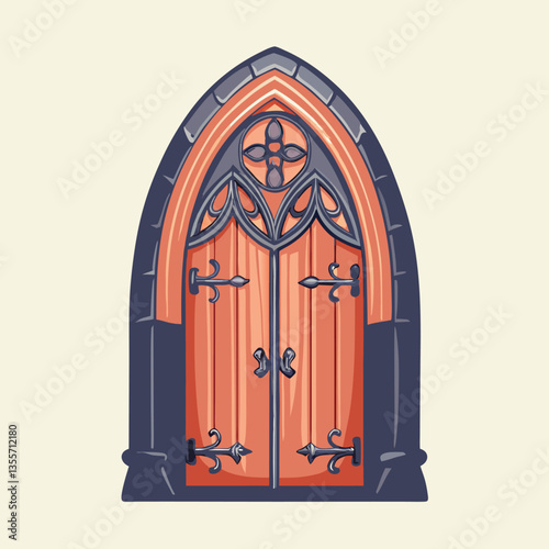 Render a detailed image of a Gothic cathedral's imposing oak door, featuring tall, intricate pointed arches and weathered stonework.  Include rich textures and deep shadows.