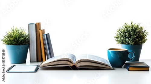 A bright image of a teachers desk with an open textbook, a teachers planner, and a cup of coffee, creating an inviting study atmosphere, on a transparent white PNG background 