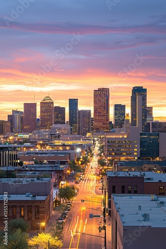 Majestic City Skyline with Towering Buildings Against Vibrant Sunset Glow
