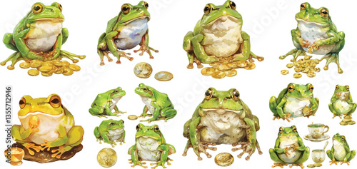 frog with golden coin watercolor clipart