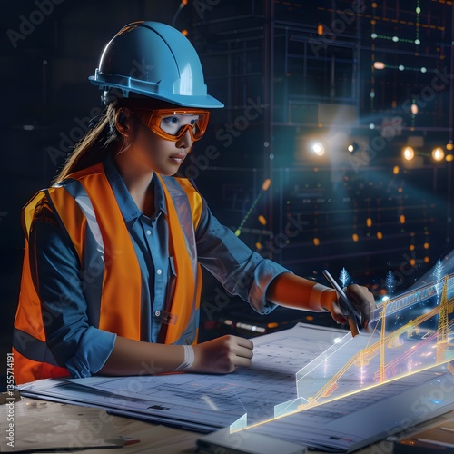 A stunning female civil engineer in a blue safety kit office background  photo