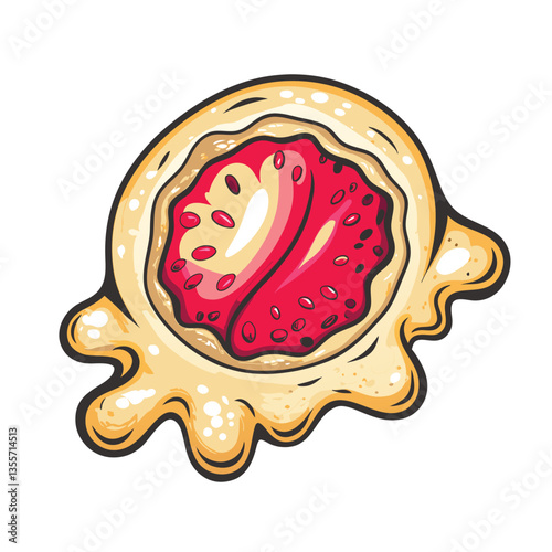 A vibrant, translucent hard candy shell bursting open, revealing a vibrant jelly filling flowing outwards.  High-resolution, realistic rendering.
