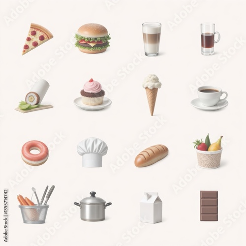 Food Icons Set: Pizza, Burger, Coffee, Bread, Dessert & Kitchenware. Vector Illustration for Menu, Recipe, Design.