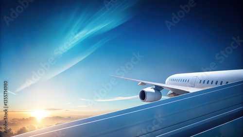 Majestic Aerial View of Airplane Wing Overlooking a Stunning Cloudscape at Sunrise with Bright Blue Sky and Gentle Light