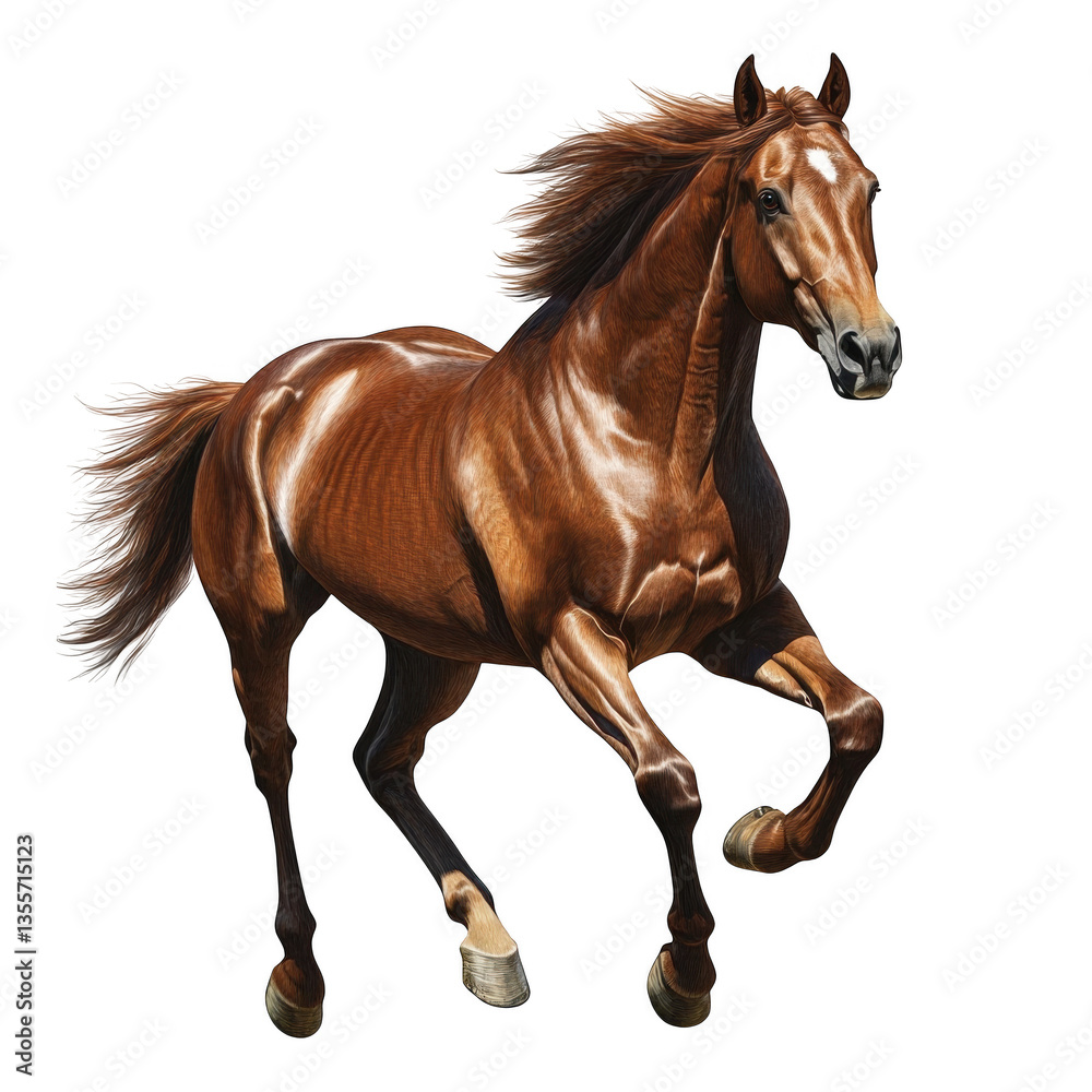 Obraz premium muscular brown horse in mid-gallop showcasing its flowing mane and powerful legs highlighting the beauty and strength of the animal