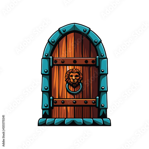 A weathered, imposing medieval castle door, heavily reinforced with iron bands, rivets, and studs; showing age and wear.  Focus on intricate metalwork details.