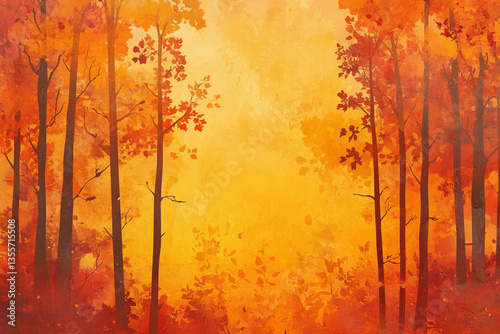 There is a painting of a path in the woods with leaves falling