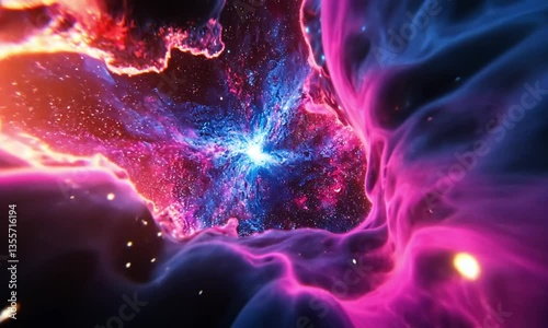 Vibrant cosmic nebula with swirling blues, pinks, and orange hues in deep space
