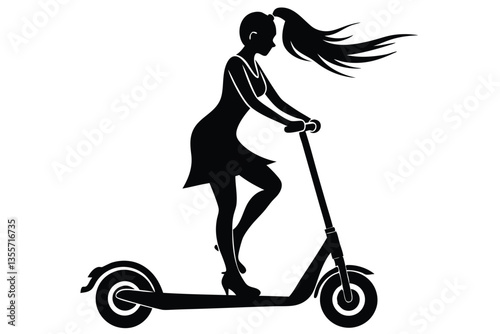Woman riding a scooter silhouette on a white background