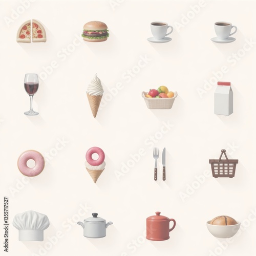 Food Icons Set: Pizza, Burger, Coffee, Wine, Ice Cream, Fruits, Milk, Donut, Cutlery, Shopping Basket, Chef Hat, and Cookware. Vector Illustration.