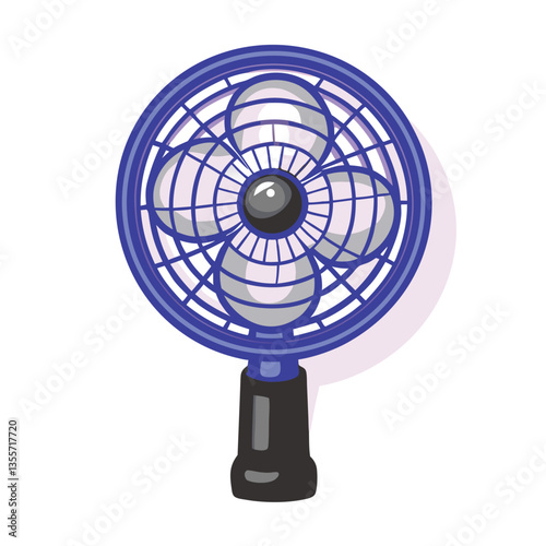 Close-up shot of a vintage plastic hand crank fan, showing its intricate details and the hand actively turning the crank to create a breeze.