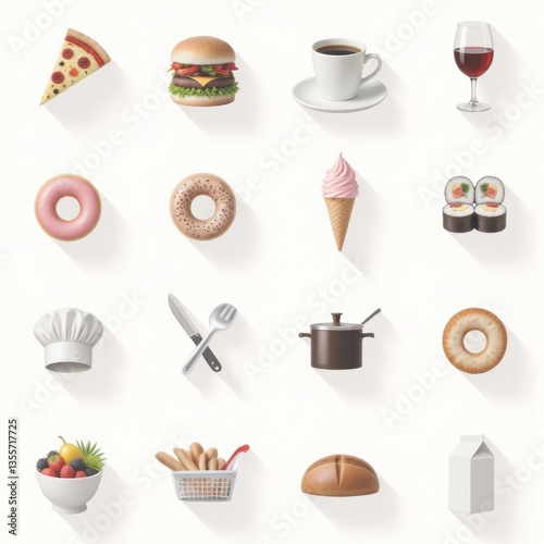 Food Icon Set: Pizza, Burger, Coffee, Donuts, Sushi & More. Restaurant or Cooking Concept. Vector Illustration.