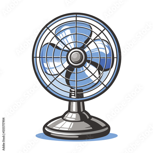 Generate a photorealistic image of a vintage chrome desk fan, showcasing its sturdy build and retro design.  The fan should have a three-blade design and visible motor details.