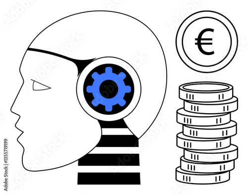 Gear inside robotic head symbolizes technology and AI innovation. Stacked Euro coins represent wealth, economy, finance. Ideal for tech, AI, fintech, economy innovation automation wealth. Flat
