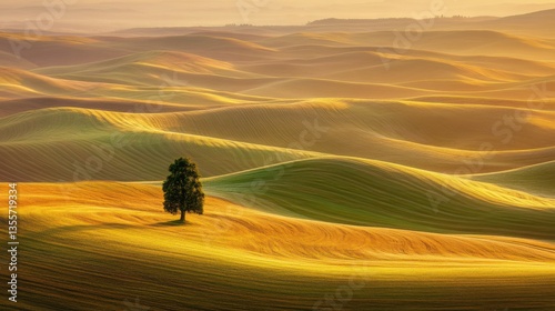 Golden Sunrise Over Rolling Hills with a Lone Tree in Focus, Evoking Tranquility and Harmony with Nature
