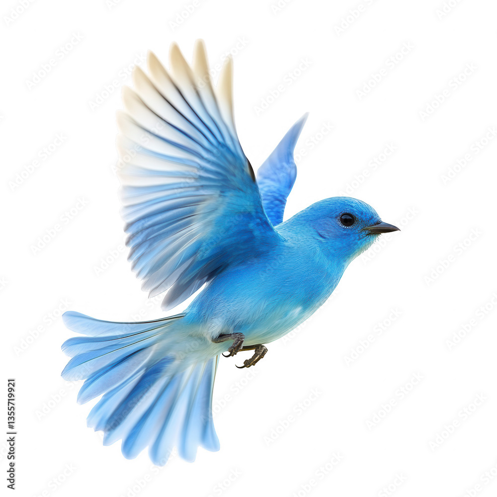 Fototapeta premium a vibrant blue bird in mid-flight showcasing its delicate wings and striking color against a white background. beauty and grace of wildlife emphasizing nature's artistry