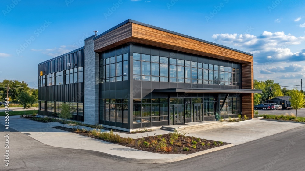 Modern commercial building with wood and metal facade, large windows, landscaping, and ample parking. Modern commercial building with wood and metal facade, large windows, landscaping, and ample parking.