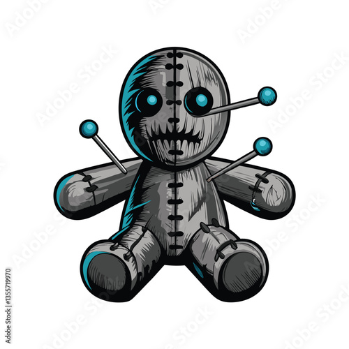 A meticulously detailed image of a small, stitched voodoo doll, its fabric worn, with numerous pins piercing its body, depicting a dark, occult ritual.
