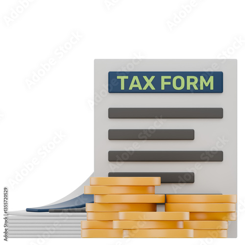 3D Tax Form Document Icon with Coin Representing Financial Transactions